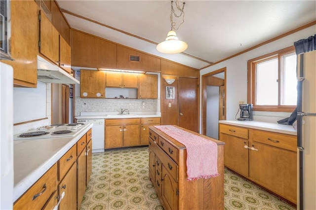 kitchen featuring open shelves, lofted ceiling, visible vents, white appliances, and under cabinet range hood