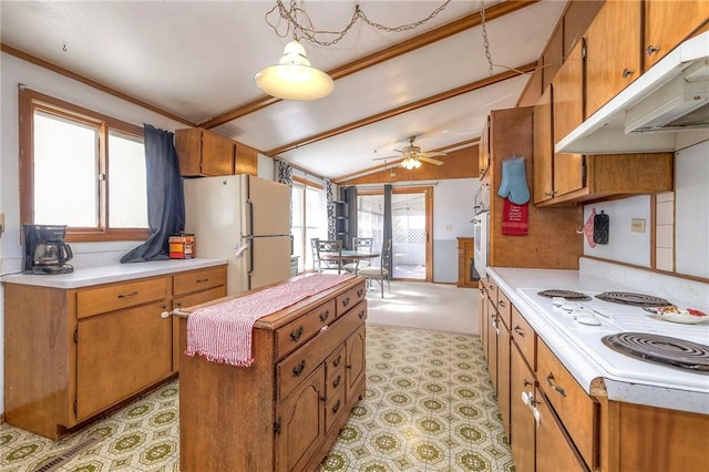 kitchen with a healthy amount of sunlight, white appliances, under cabinet range hood, and light countertops