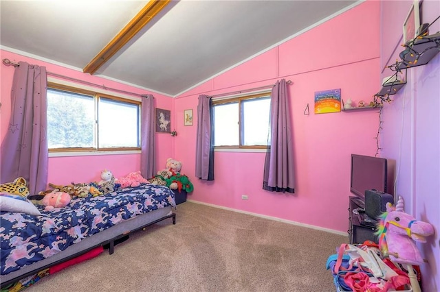 carpeted bedroom featuring vaulted ceiling