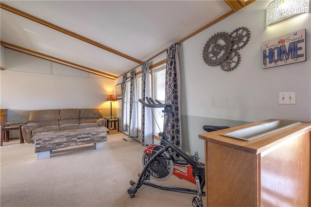 exercise area with lofted ceiling and carpet flooring