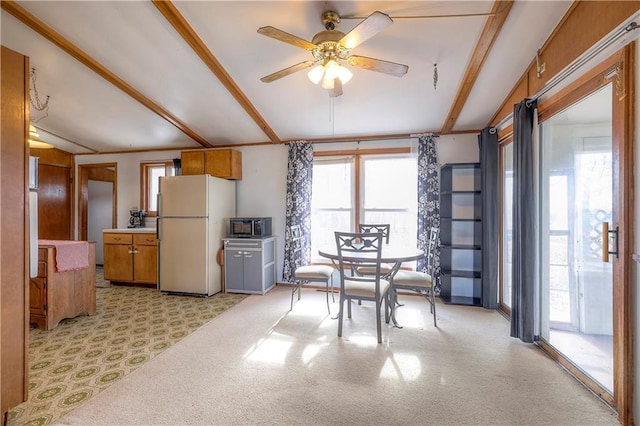 dining room with ceiling fan, beamed ceiling, and light carpet