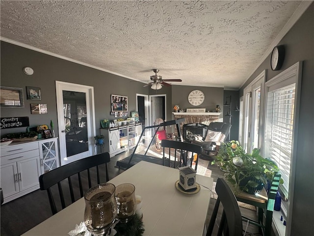 dining room with a textured ceiling, ornamental molding, a fireplace, and a ceiling fan