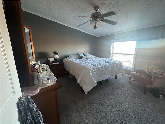 bedroom featuring carpet floors, ceiling fan, a textured ceiling, and crown molding