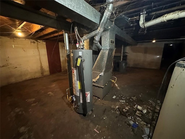 unfinished basement with water heater and heating unit