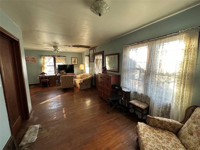 living area with wood finished floors and a ceiling fan