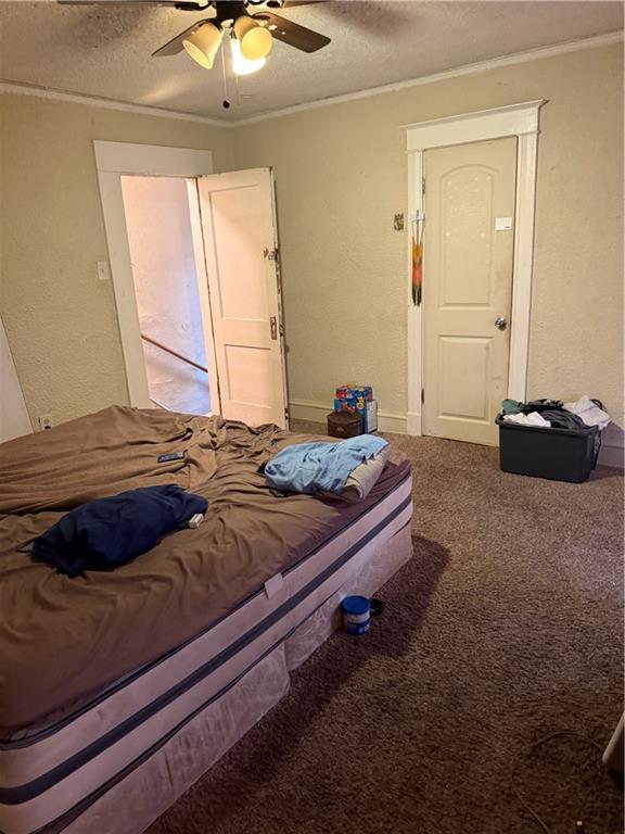 bedroom featuring a textured ceiling, crown molding, a textured wall, and carpet floors