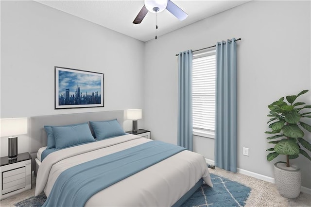 bedroom featuring a ceiling fan, baseboards, and carpet flooring