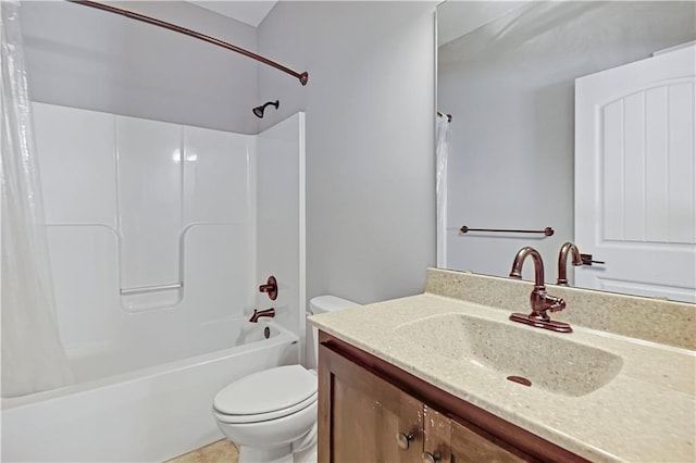 bathroom with toilet, shower / bath combo with shower curtain, and vanity