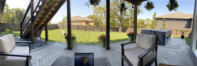 view of patio featuring a fenced backyard and an outdoor hangout area