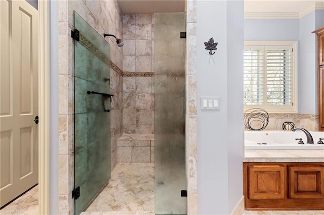 bathroom featuring ornamental molding, a stall shower, and a garden tub