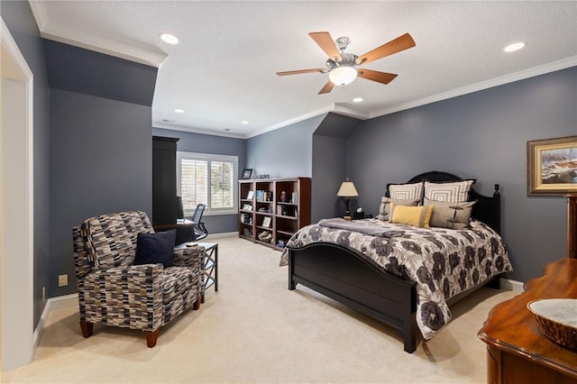 bedroom with crown molding, baseboards, light carpet, and recessed lighting