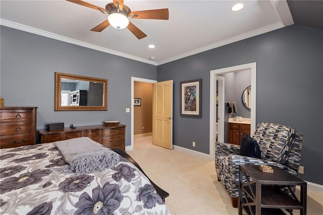 bedroom with ceiling fan, light colored carpet, recessed lighting, baseboards, and ornamental molding