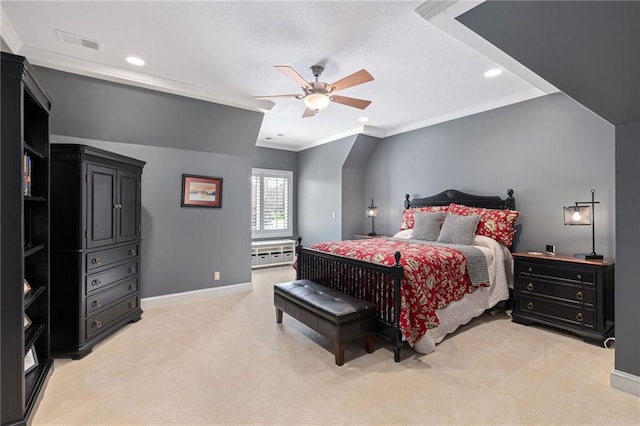 bedroom with visible vents, crown molding, baseboards, recessed lighting, and light colored carpet