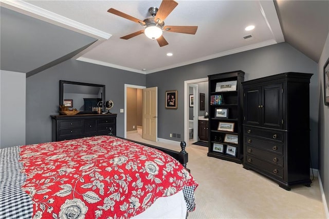 bedroom with light colored carpet, baseboards, ceiling fan, and visible vents