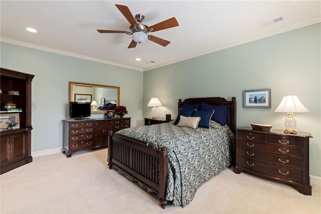 bedroom featuring crown molding, ceiling fan, light carpet, baseboards, and visible vents