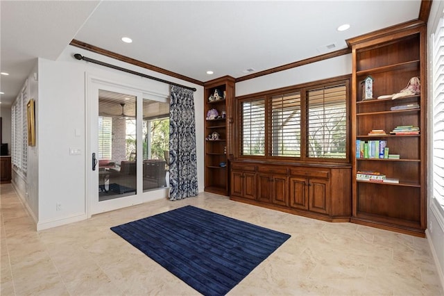 foyer with crown molding, recessed lighting, and baseboards