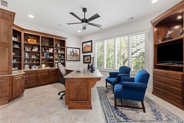 office area featuring visible vents, crown molding, ceiling fan, and recessed lighting