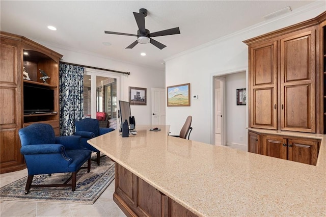 home office featuring a ceiling fan, recessed lighting, ornamental molding, and light tile patterned flooring