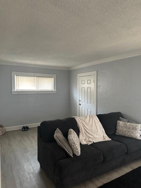 living area featuring ornamental molding, a textured ceiling, baseboards, and wood finished floors