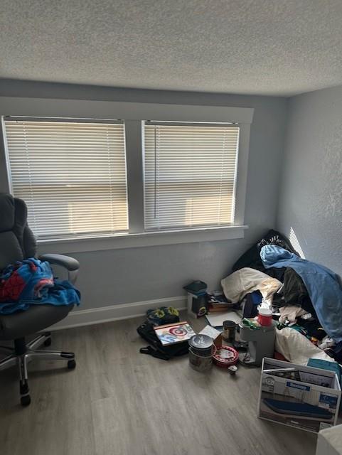 misc room with baseboards, a textured ceiling, and wood finished floors