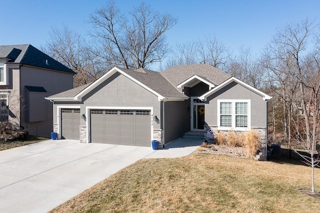 ranch-style home with stucco siding, an attached garage, driveway, and a front yard