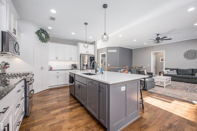 kitchen featuring dark wood-style floors, a ceiling fan, visible vents, a sink, and appliances with stainless steel finishes