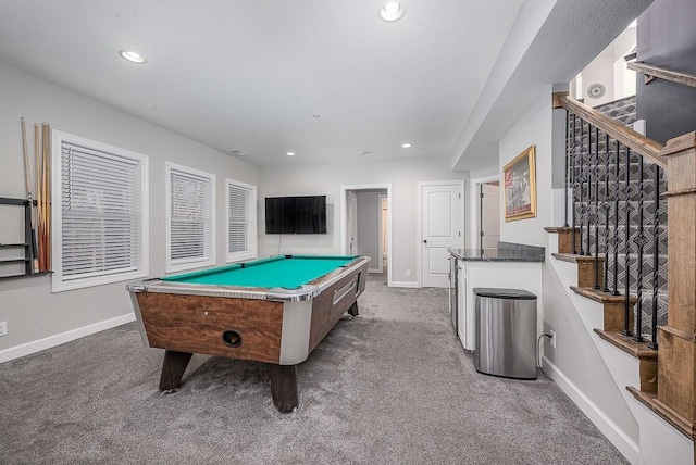 rec room featuring recessed lighting, baseboards, carpet floors, and pool table