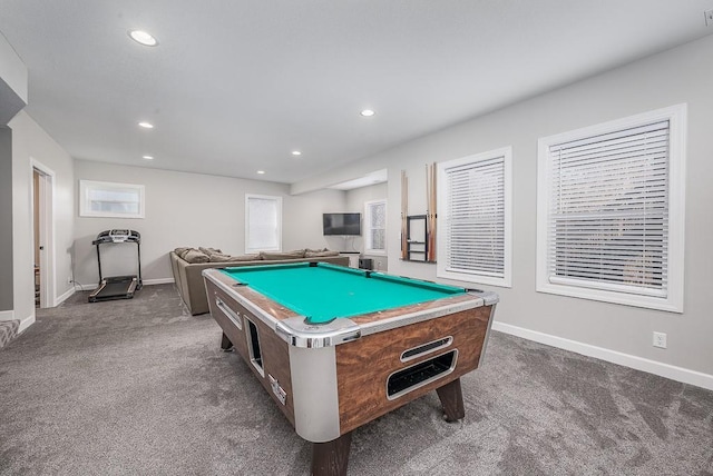 playroom with carpet flooring, recessed lighting, pool table, and baseboards