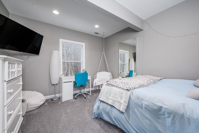 bedroom with recessed lighting, carpet flooring, baseboards, and visible vents