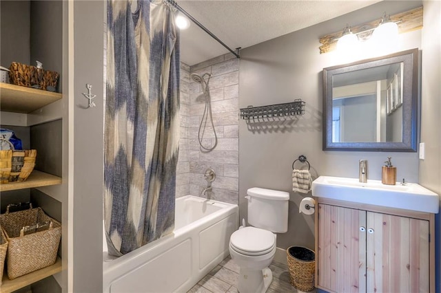 bathroom featuring shower / bath combination with curtain, a textured ceiling, toilet, and vanity