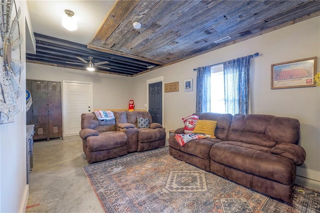 living area with concrete floors