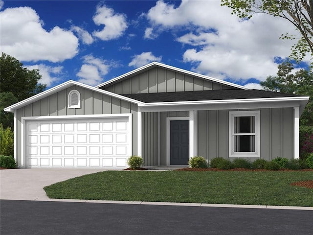 ranch-style home featuring a garage, concrete driveway, board and batten siding, and a front yard