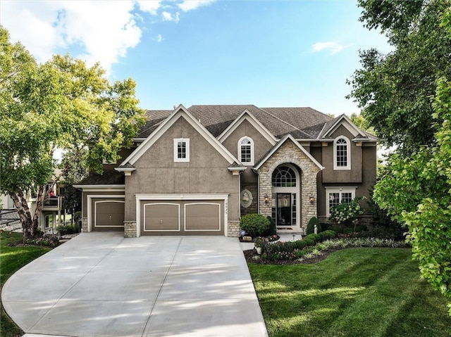 view of front of home with stucco siding, concrete driveway, an attached garage, a front yard, and stone siding