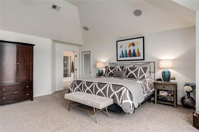 bedroom featuring lofted ceiling, visible vents, light carpet, and baseboards