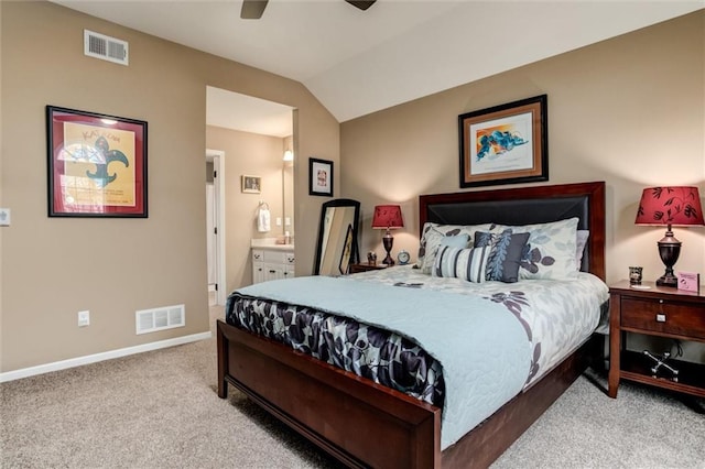 bedroom featuring lofted ceiling, carpet, visible vents, and baseboards