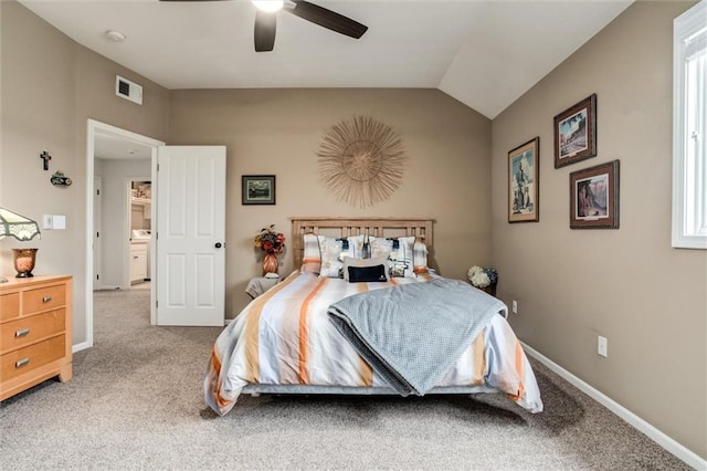 bedroom with carpet, lofted ceiling, visible vents, ceiling fan, and baseboards