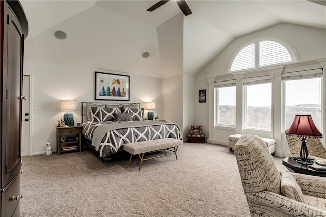 bedroom featuring ceiling fan, carpet floors, high vaulted ceiling, and baseboards