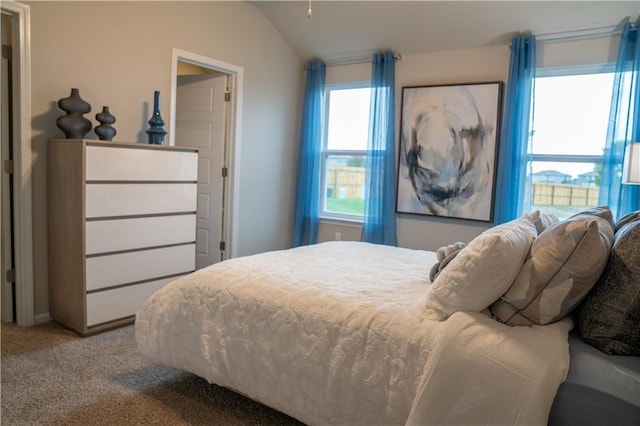 carpeted bedroom with vaulted ceiling