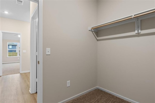 spacious closet featuring visible vents, carpet flooring, and wood finished floors