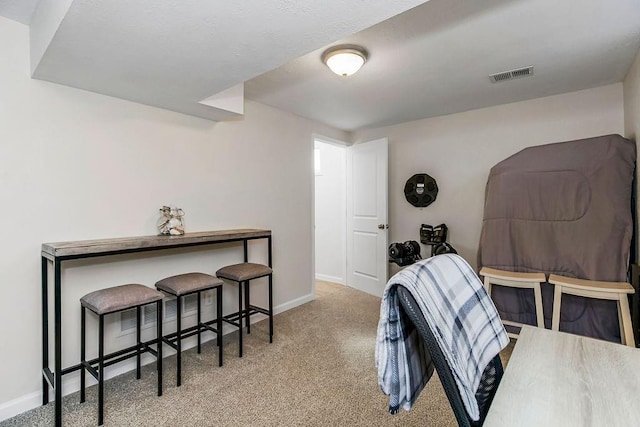 interior space featuring carpet floors, visible vents, and baseboards