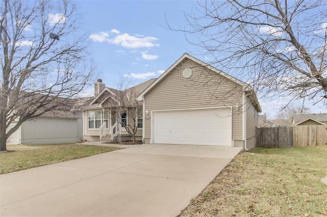 single story home with a chimney, an attached garage, fence, driveway, and a front lawn