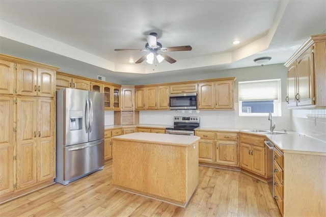 kitchen featuring light wood-type flooring, a tray ceiling, stainless steel appliances, and a sink