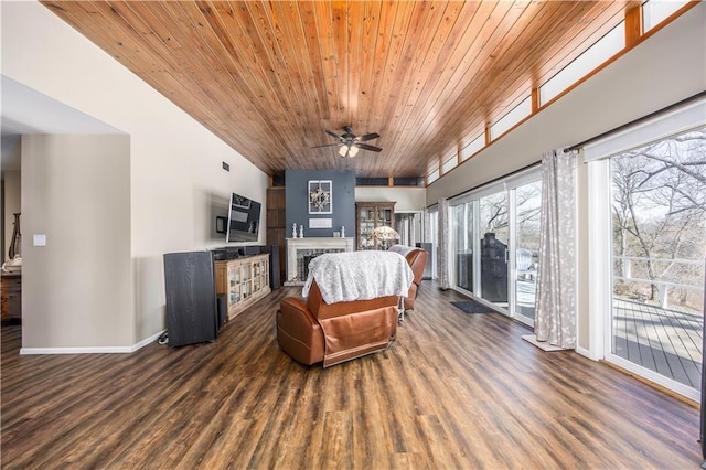 living room featuring a brick fireplace, ceiling fan, baseboards, wooden ceiling, and wood finished floors