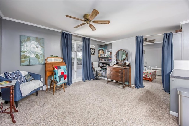 bedroom featuring baseboards, carpet, ceiling fan, and crown molding