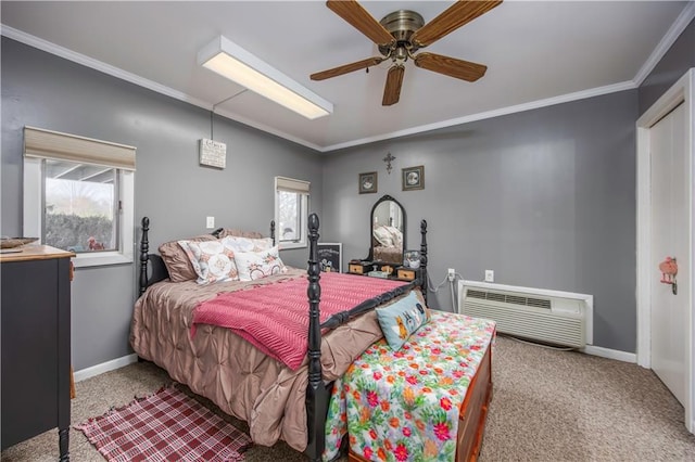 bedroom featuring baseboards, an AC wall unit, carpet, and ornamental molding