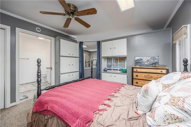 carpeted bedroom with crown molding and ceiling fan