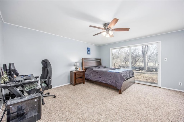 carpeted bedroom featuring a ceiling fan, baseboards, and access to outside