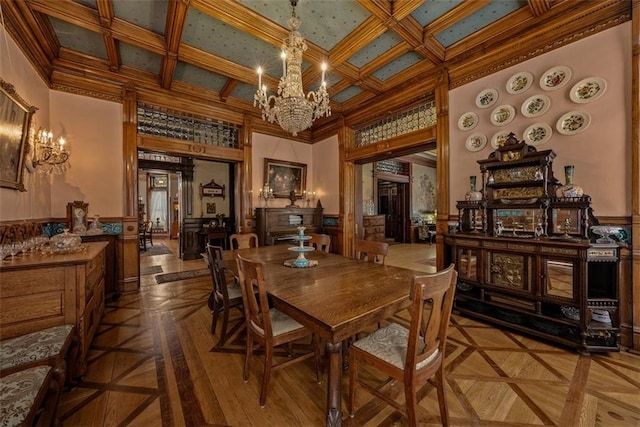 dining room with wainscoting, coffered ceiling, and a notable chandelier