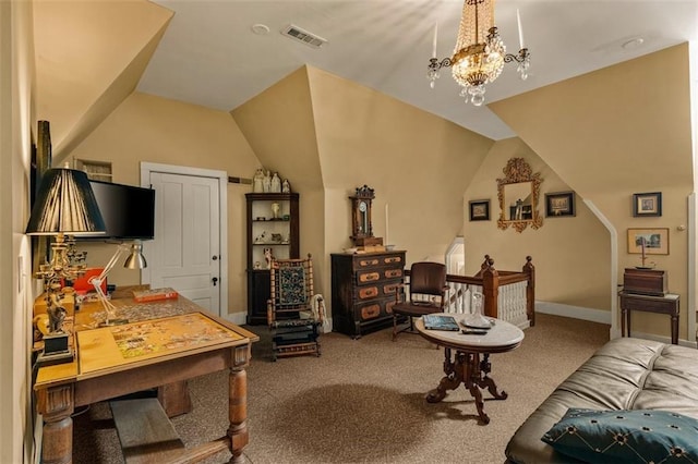 interior space featuring lofted ceiling, a chandelier, visible vents, and baseboards