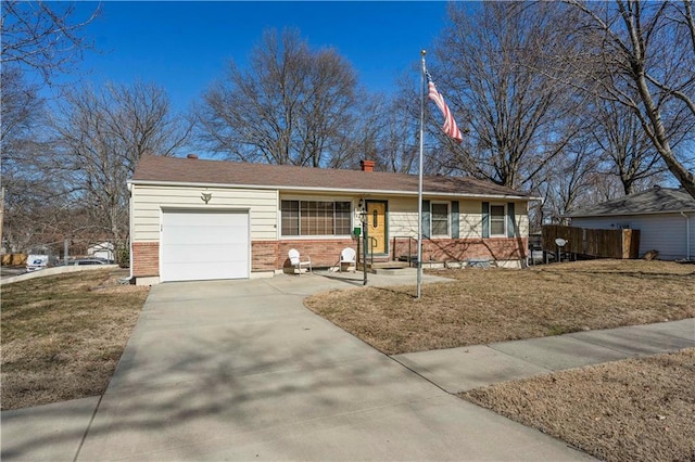 ranch-style home featuring a garage, concrete driveway, brick siding, and a chimney